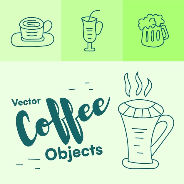 Simple coffee cup vector line art collection. Handdrawn sketch of random cup design elements.