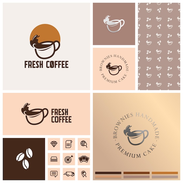 simple coffee logo with seamless pattern and mockup template