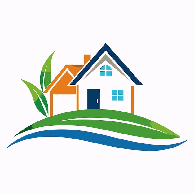 A simple colorful illustration of a house with green leaves and a blue wave on a white background