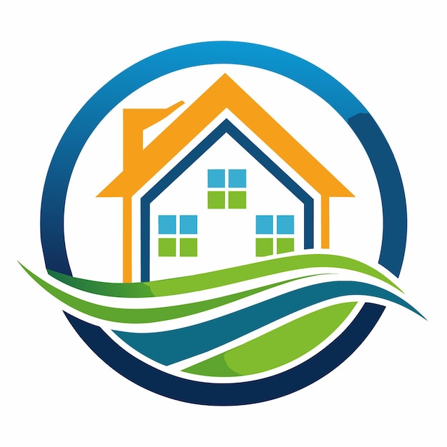 A simple and colorful logo featuring a stylized house with windows inside a blue circle with a green wave at the bottom