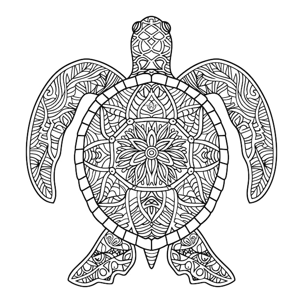 Vector a simple coloring page line art hand drawn animal mandala illustration of an intricate turtle