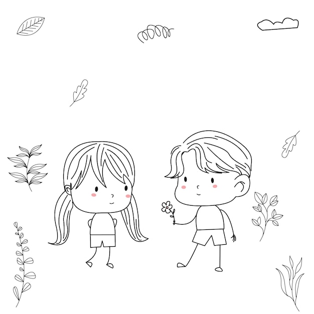 A simple and cute illustration of a child in line art style giving flowers to a girl