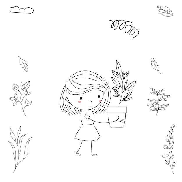 Simple and cute illustration of a child in line art style holding a potted plant