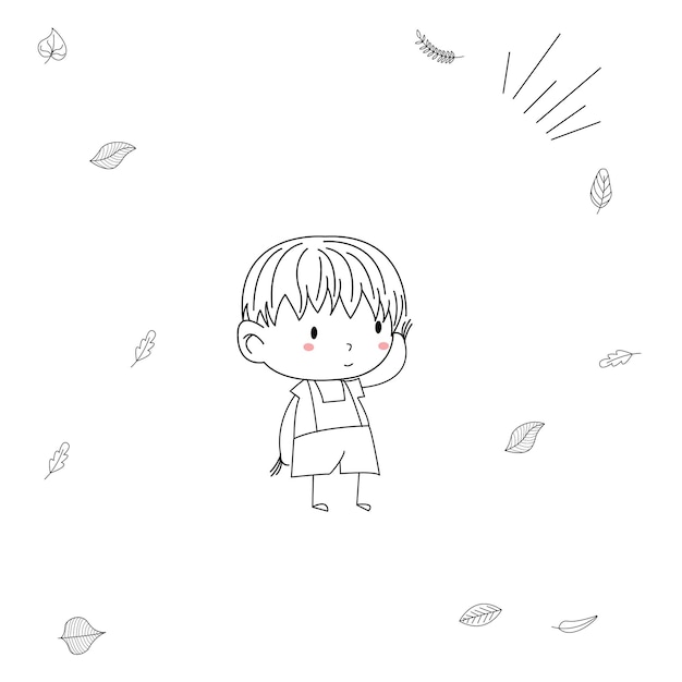 Simple and cute illustration of a kid in line art style holding a fork for farming