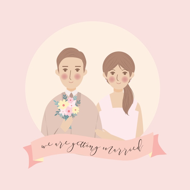 Simple Cute Wedding Couple Portrait Illustration, Save the Date Wedding Invitation with Pink Background