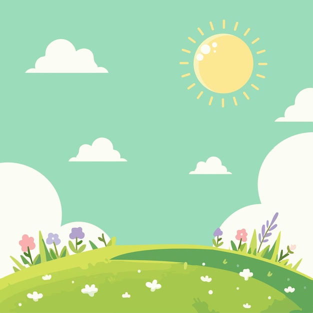 Simple Design Vector Blue And Green With Sun And Flowers