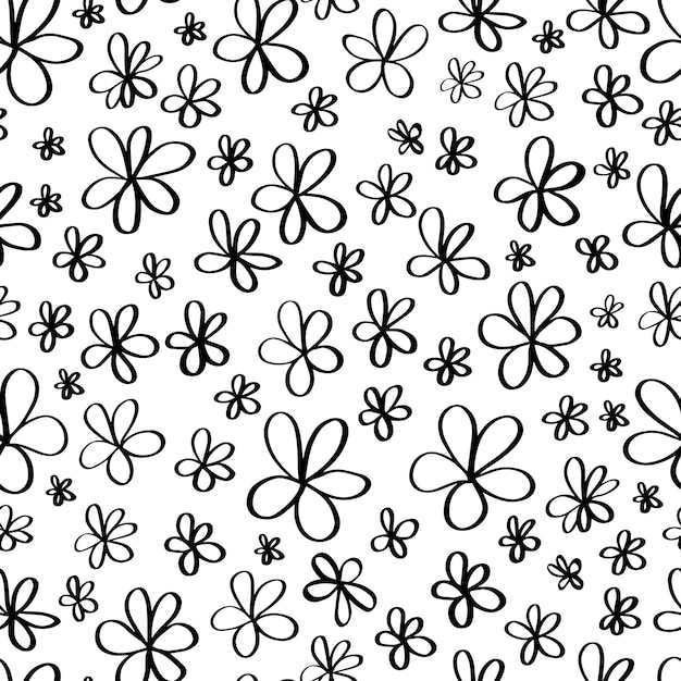 Simple ditsy hand drawn black ink outline flower doodles seamless pattern background. Naive chlldish floral drawing backdrop. Black and white texture.