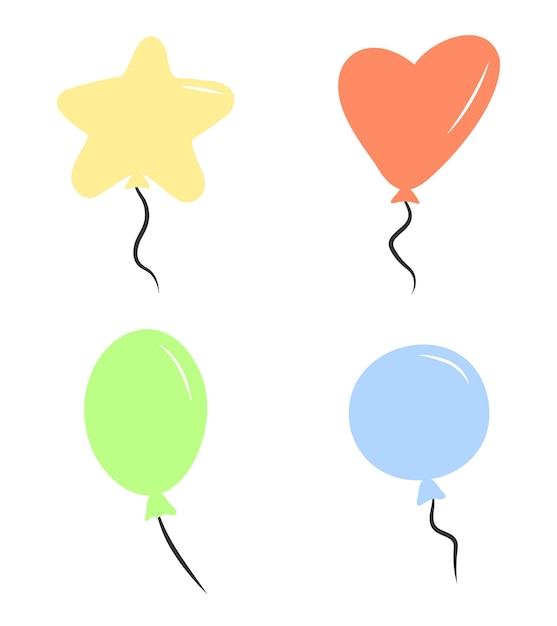 Simple doodle air balloon icon set isolated on white background Heart star and circle shape Flat cartoon silhouette Birthday party greeting card template