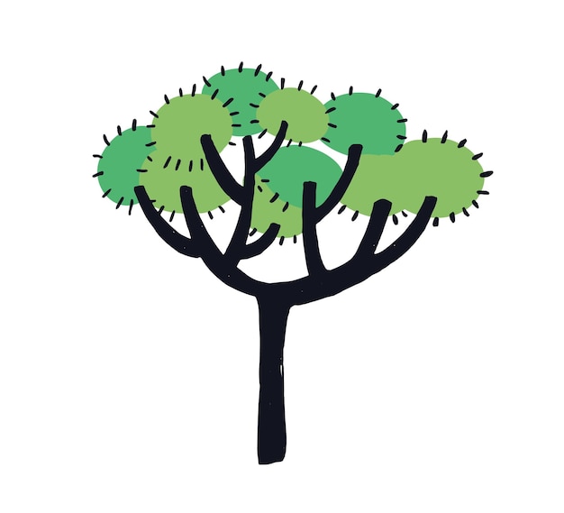 Simple doodle tree with trunk and leaf on branches. Naive childish drawing of abstract forest plant with leaves. Primitive botanical flat vector illustration isolated on white background.