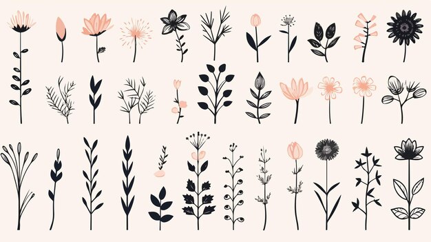 Vector simple drawn set of wildflower plant line art