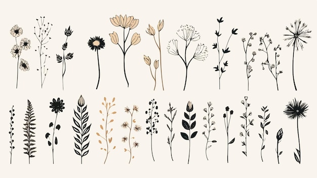 Vector simple drawn set of wildflower plant line art