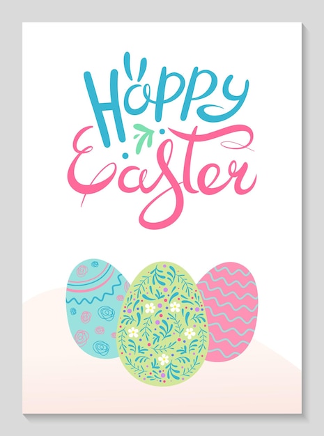 Simple Easter poster with rabbit in floral pattern Hand drawn Happy Easter lettering