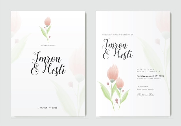 simple and elegant  pink flower water color weddding card template