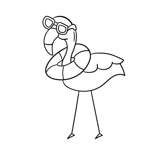 Simple flamingo outline vector Cartoon flamingo in sunglasses and a lifebuoy