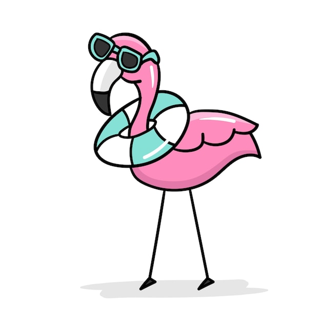 Simple flamingo outline vector Cartoon flamingo in sunglasses and a lifebuoy