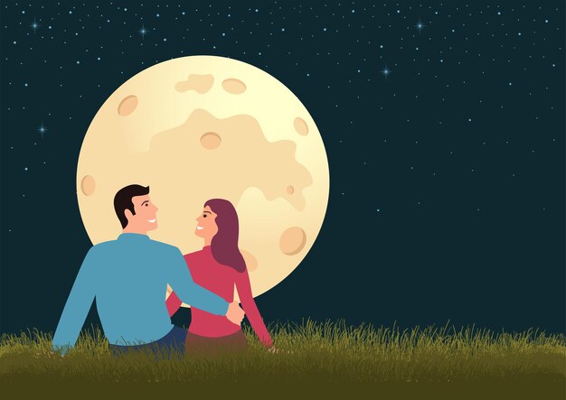 Vector simple flat couple sitting on grass during full moon