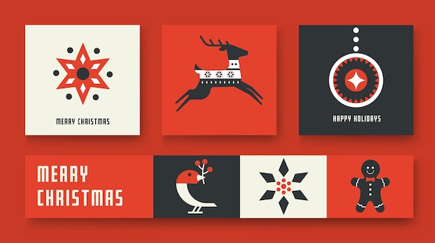 Simple Flat design Holiday Christmas card on red background