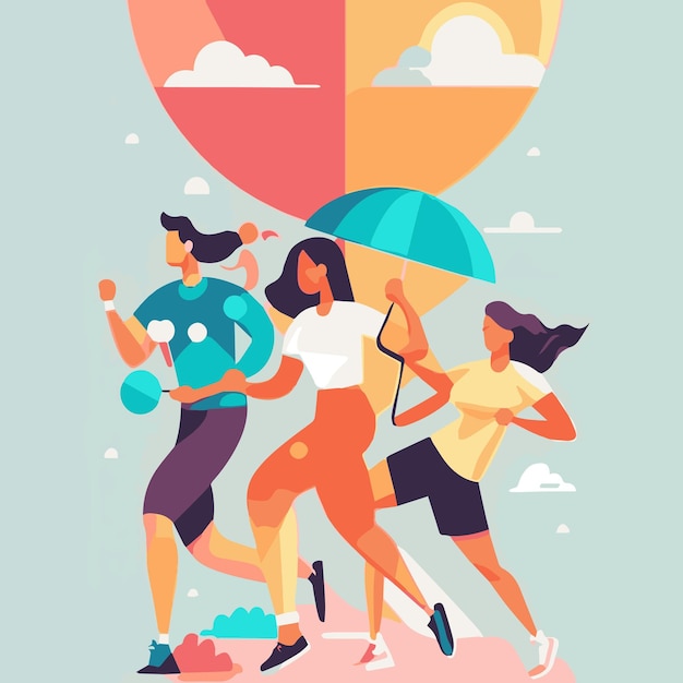 Simple flat design illustration depicting a group of diverse individuals engaging in a fun outdoor a