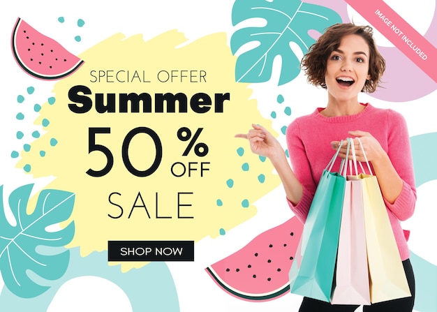 Simple flat summer sale banner with floral illustration