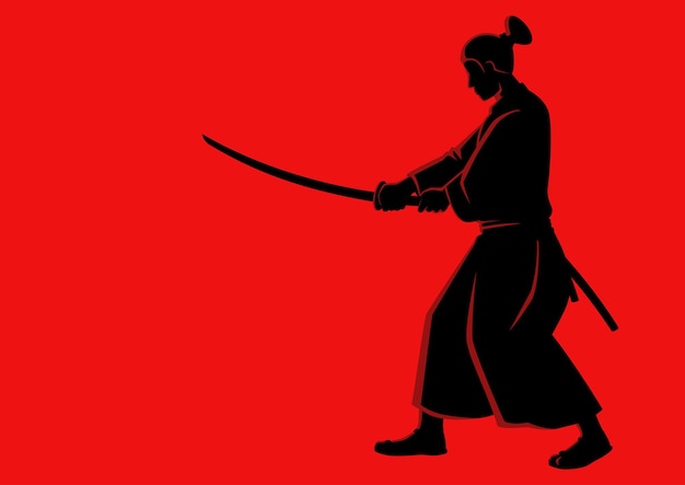 Simple flat vector illustration of a Samurai on red background