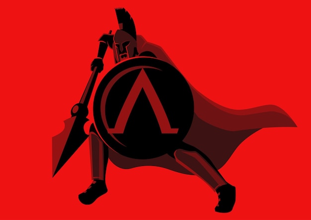 Simple flat vector illustration of spartan warrior with his spear and shield