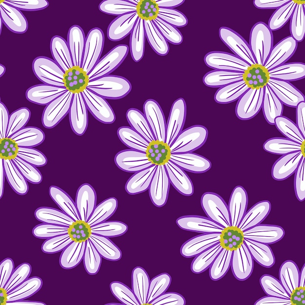 Simple floral seamless pattern with contoured daisy flowers shapes. Purple background. Natural backdrop. Stock illustration. Vector design for textile, fabric, giftwrap, wallpapers.