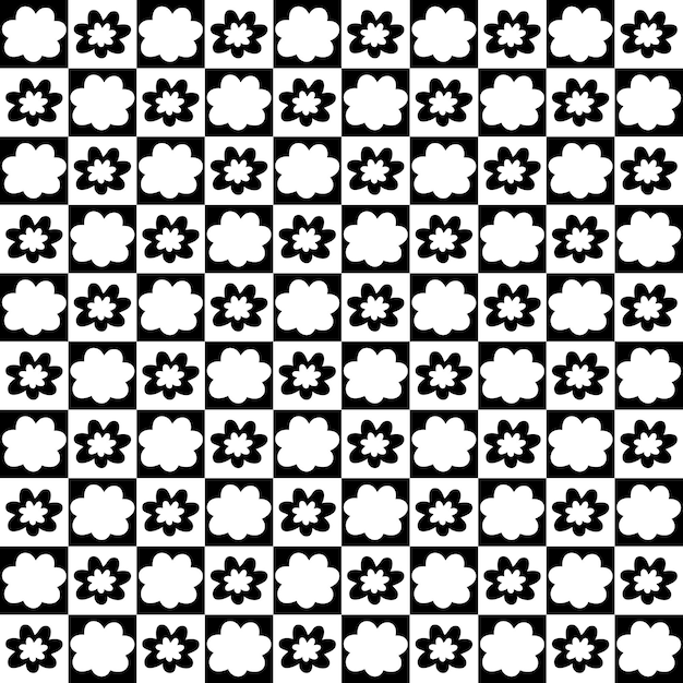 Simple flowers monochrome aesthetic seamless pattern Floral geometric checkerboard print for fabric paper stationery Doodle vector illustration for decor and design