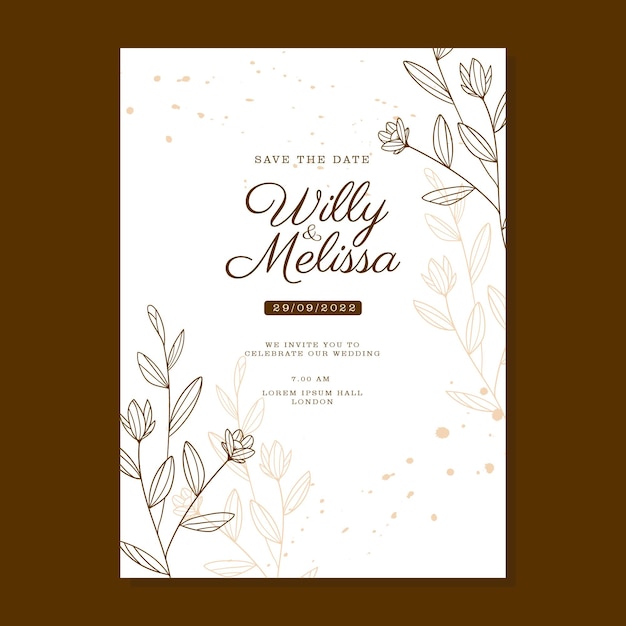 SIMPLE HAND DRAWN FLORAL BROWN WEDDING INVITAION TEMPLATE