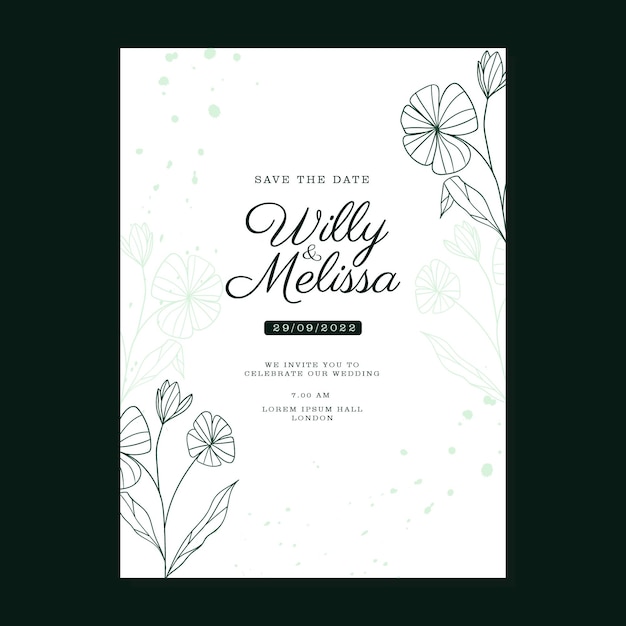 SIMPLE HAND DRAWN FLORAL GREEN WEDDING INVITAION TEMPLATE