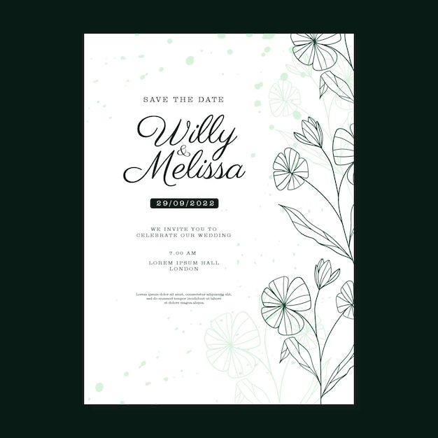 SIMPLE HAND DRAWN FLORAL GREEN WEDDING INVITAION TEMPLATE