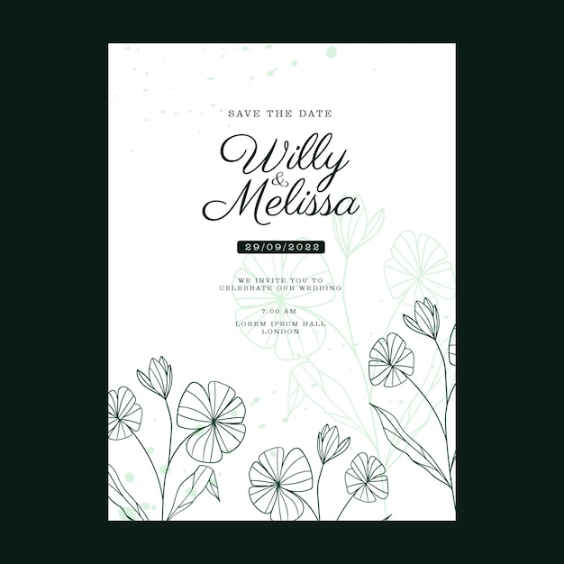 SIMPLE HAND DRAWN FLORAL GREEN WEDDING INVITAION TEMPLATE