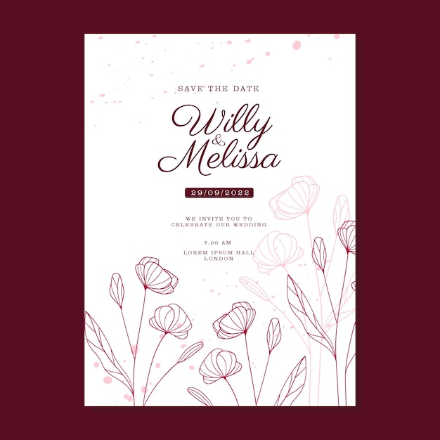 SIMPLE HAND DRAWN FLORAL MAROON WEDDING INVITAION TEMPLATE