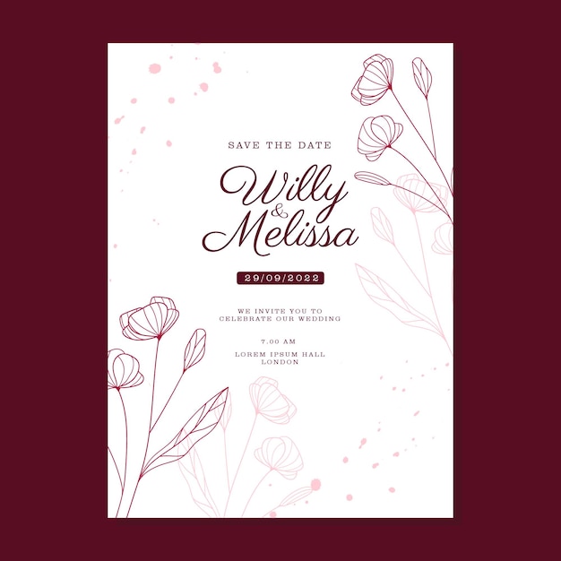 SIMPLE HAND DRAWN FLORAL MAROON WEDDING INVITAION TEMPLATE