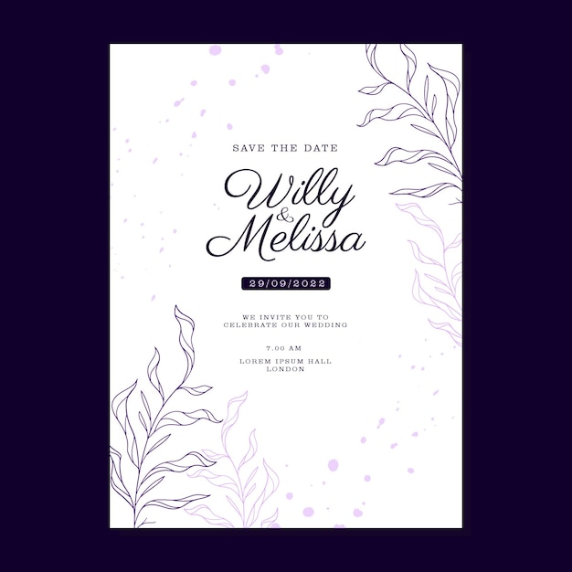 SIMPLE HAND DRAWN FLORAL PURPLE WEDDING INVITAION TEMPLATE