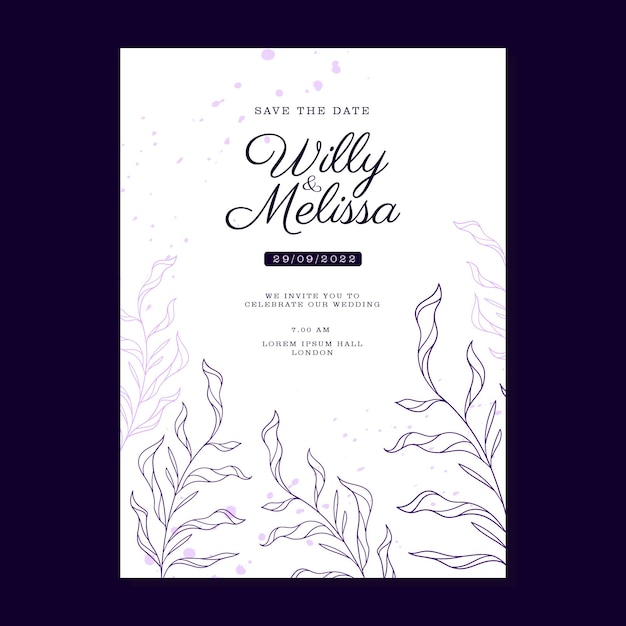 SIMPLE HAND DRAWN FLORAL PURPLE WEDDING INVITAION TEMPLATE