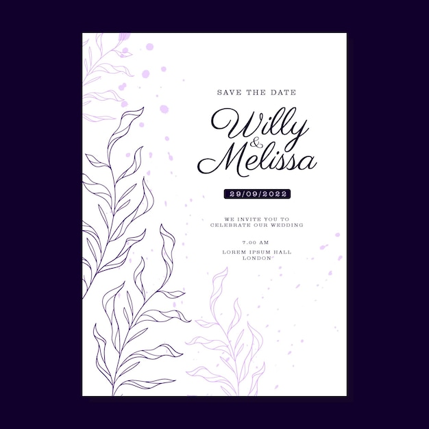 SIMPLE HAND DRAWN FLORAL PURPLE WEDDING INVITAION TEMPLATE