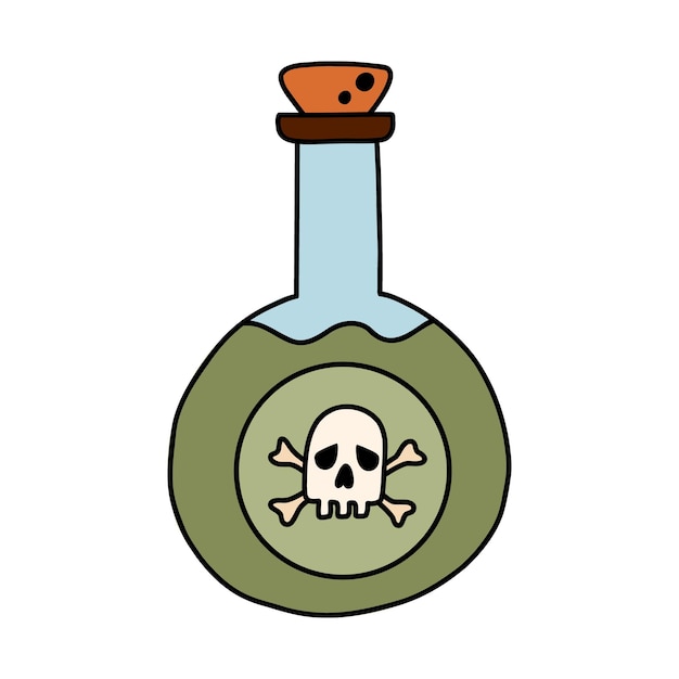 Simple hand drawn poison bottle with skull and bones mark on the label Cute doodle with outline of toxic dangerous chemical liquid Alchemy or magician beverage elixir in the flask or jar