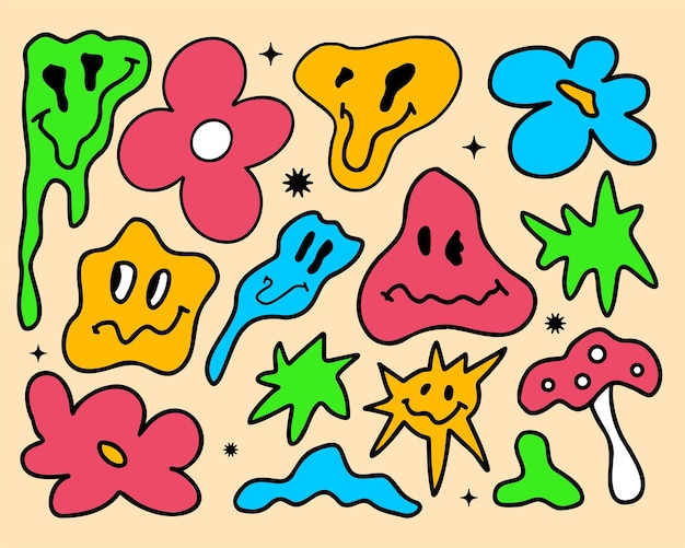 Simple hand drawn psychedelic figures star flower emoji mushroom