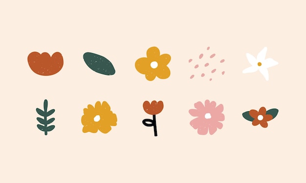 Simple hand drawn various shapes and doodle flowers and Leaves.