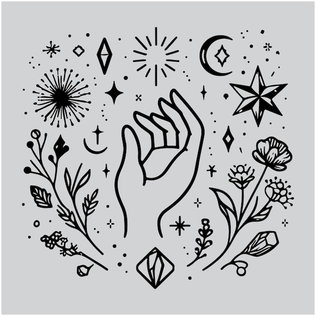 Simple hand logo boho emblems esoteric logotype design Magic feminine touch delicate crystals