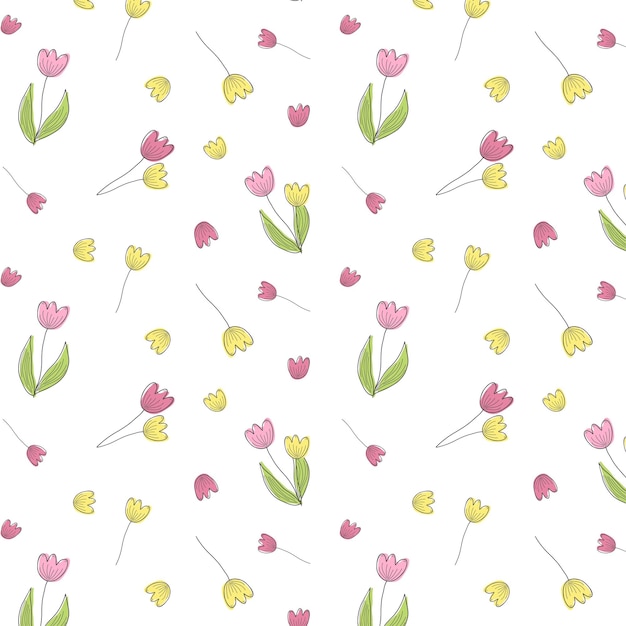 A simple handdrawing pattern with pink and yellow tulips on a white background vector