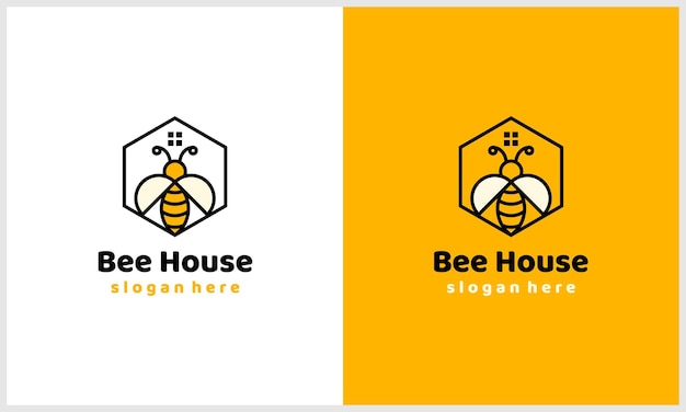 Simple honey bee with house or home concept and line art style logo design template