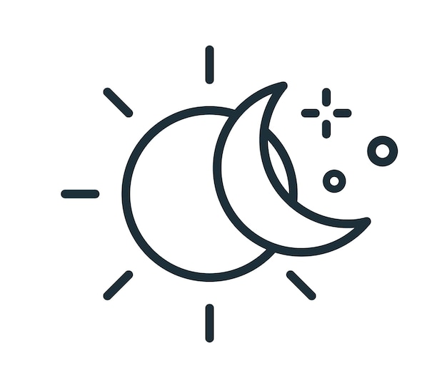 Simple icon in line art style with sun and half moon. Change of day and night concept. Linear flat vector illustration isolated on white background.