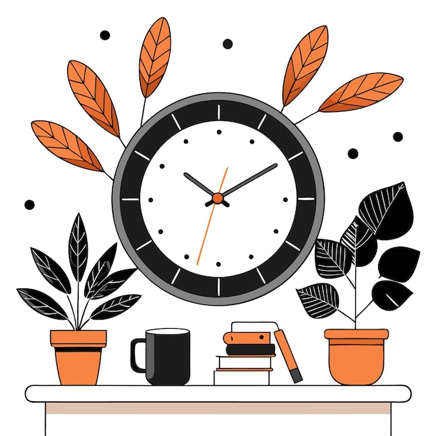 Vector a simple illustration of a clock two potted plants a cup of coffee and a stack of books