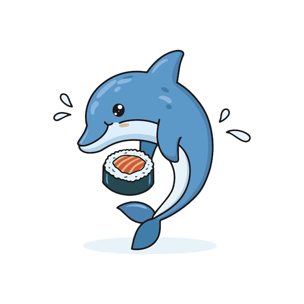 Simple illustration of cute dolphin eating sushi