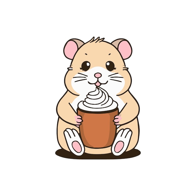 Simple illustration of cute hamster holding a hot chocolate with whipped cream