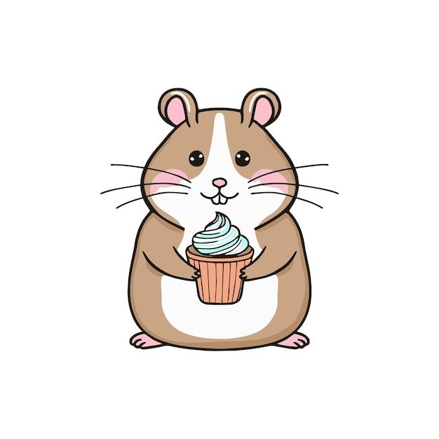 Simple illustration of cute hamster holding a hot chocolate with whipped cream