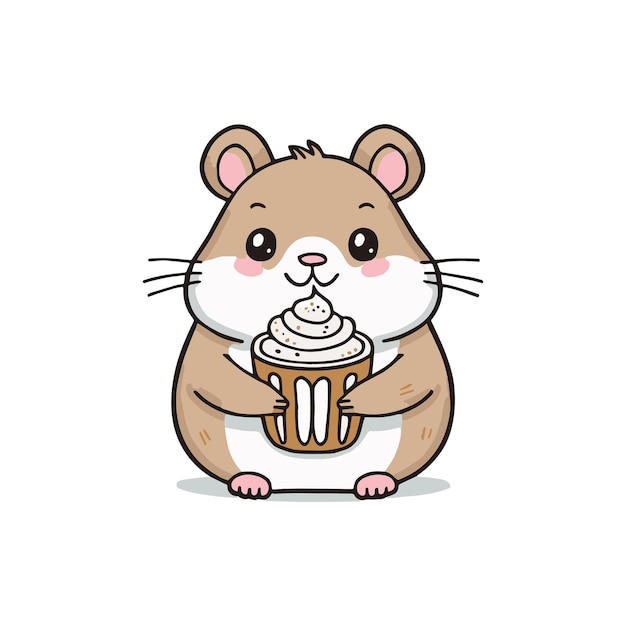 Vector simple illustration of cute hamster holding a hot chocolate with whipped cream