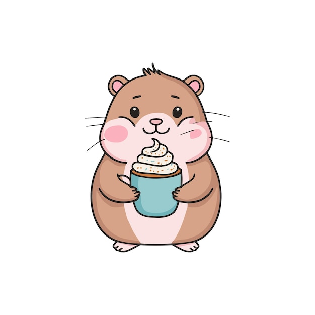 Simple illustration of cute hamster holding a hot chocolate with whipped cream