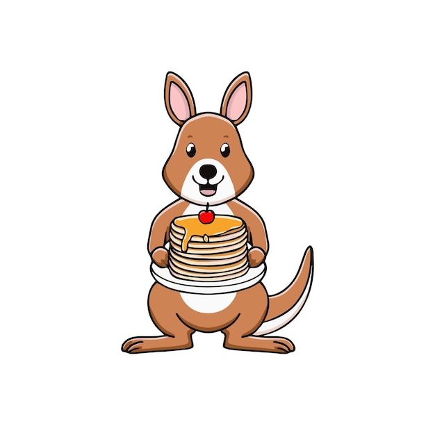 Simple illustration of cute kangaroo holding a pancake stack with syrup